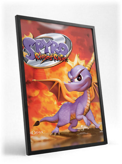 Spyro 2: Ripto's Rage! Box Art poster in a black frame with glass leaning against a wall