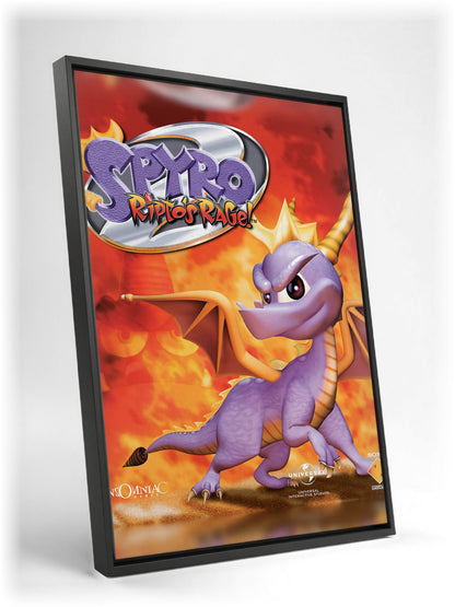 Spyro 2: Ripto's Rage! Box Art as a black floater framed canvas leaning against a wall