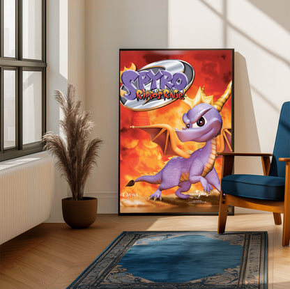 Spyro 2: Ripto's Rage! Box Art poster framed beside a blue armchair in a sunlit room