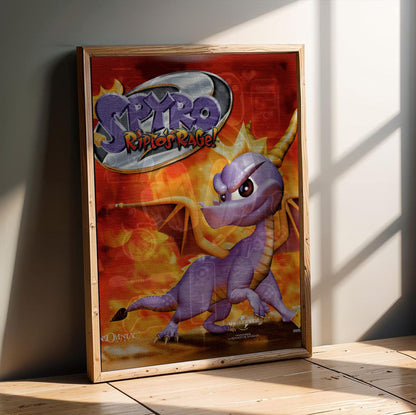 Spyro 2: Ripto's Rage! Box Art poster in an oak frame leaning on a wooden floor