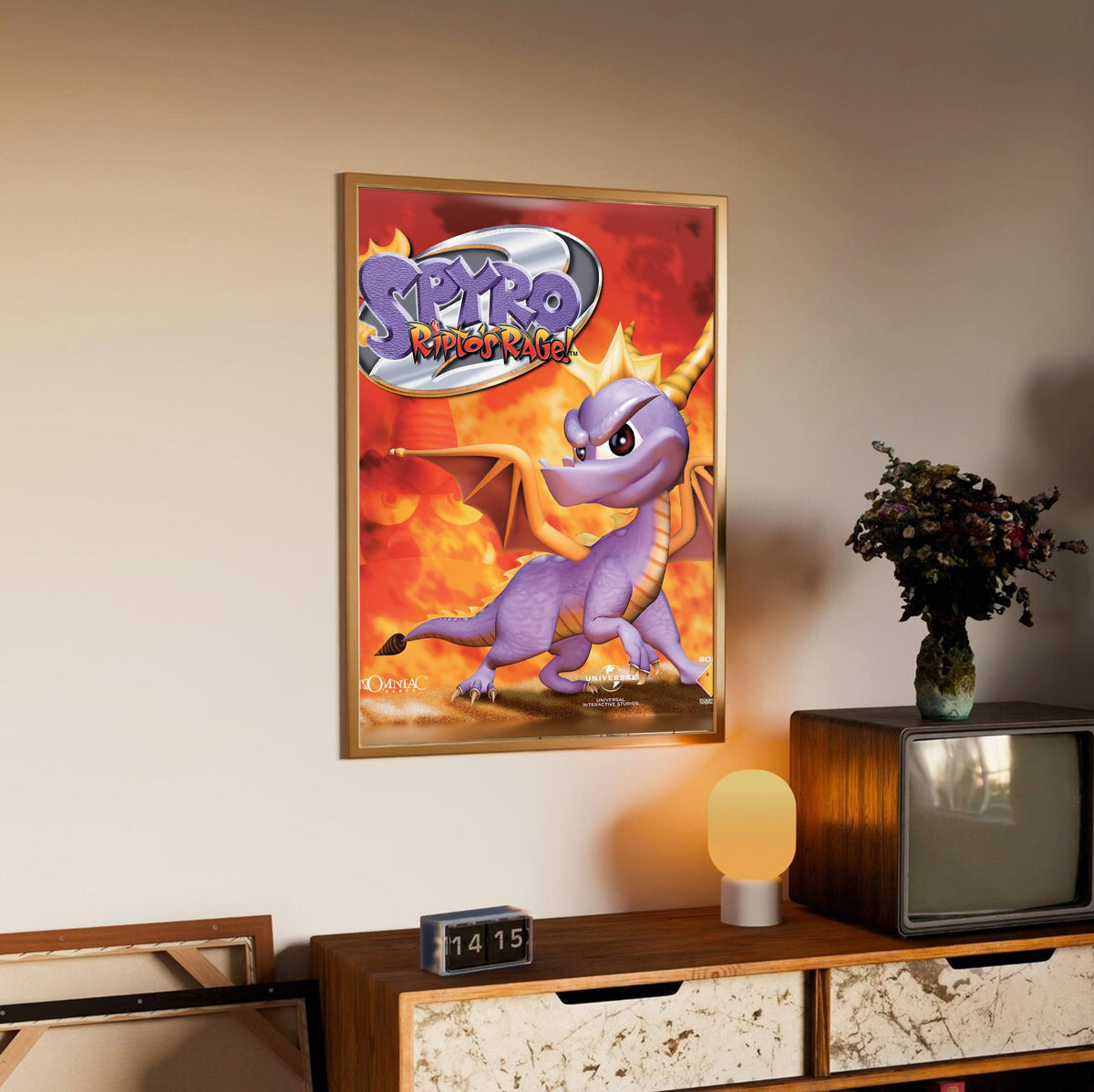 Spyro 2: Ripto's Rage! Box Art poster in an oak frame above a sideboard
