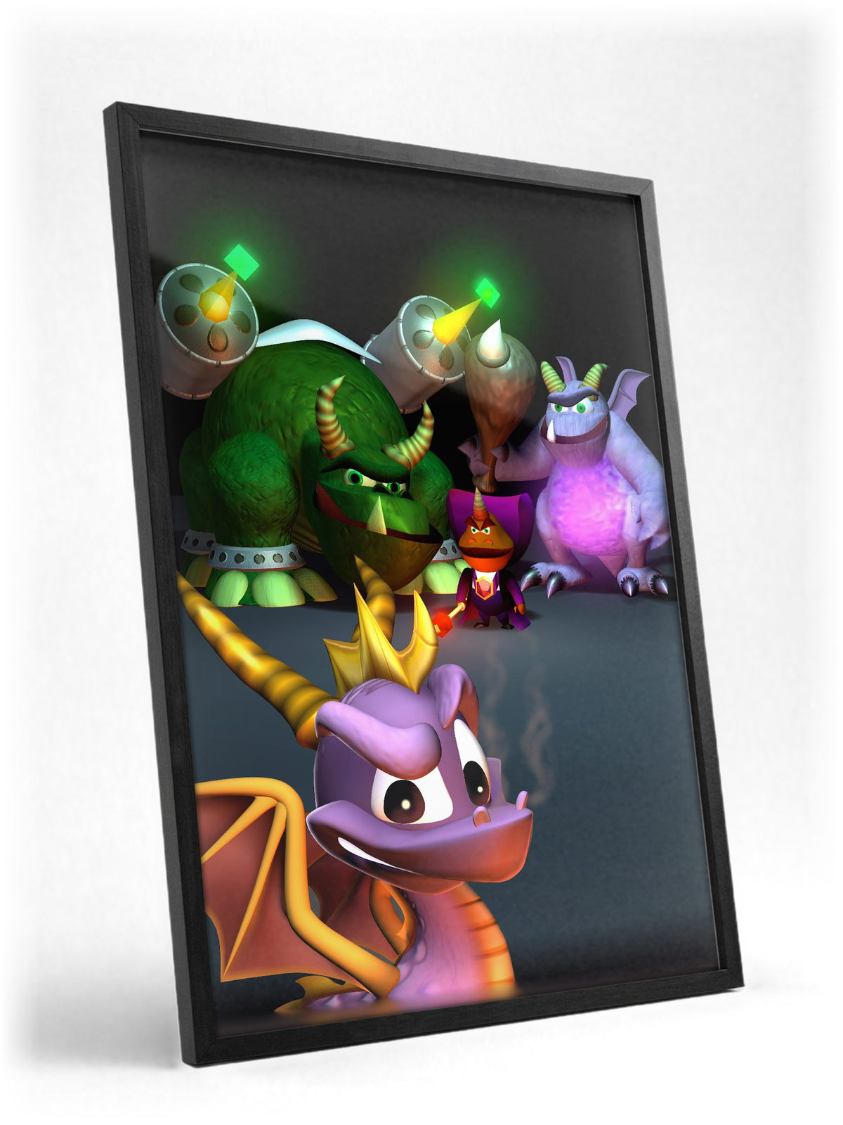 Spyro 2: Ripto's Rage! New Bosses Key Art poster in a black frame with glass leaning against a wall