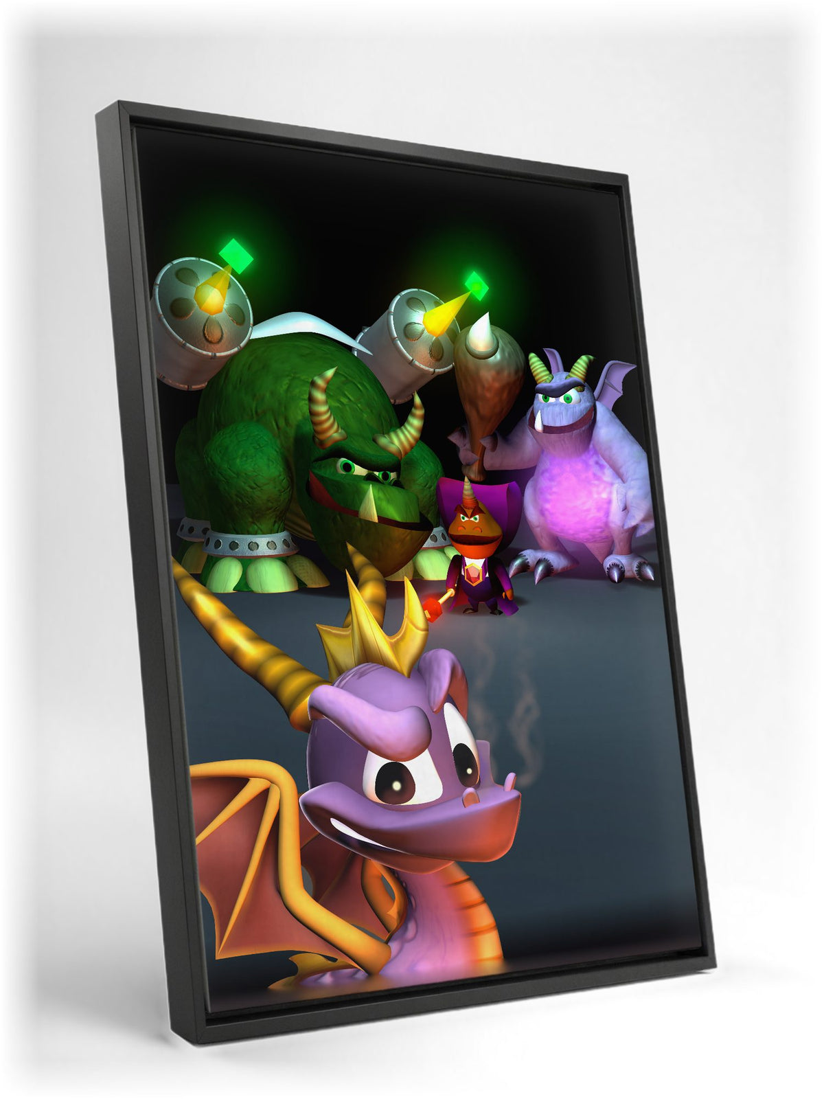 Spyro 2: Ripto's Rage! New Bosses Key Art as a black floater framed canvas leaning against a wall