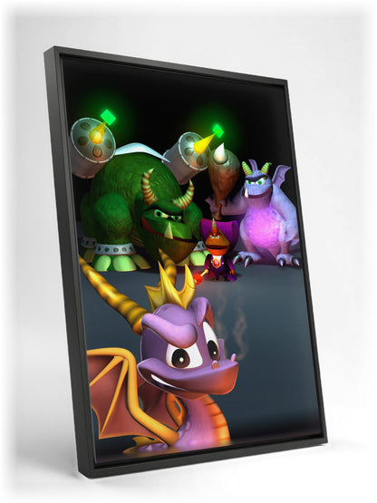 Spyro 2: Ripto's Rage! New Bosses Key Art as a black floater framed canvas leaning against a wall