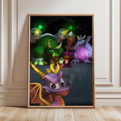 Spyro 2: Ripto's Rage! New Bosses Key Art poster in a light oak frame leaning against a white wall