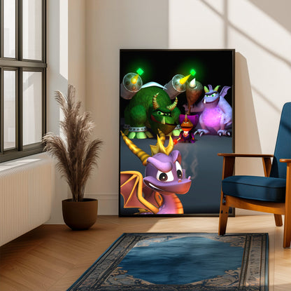 Spyro 2: Ripto's Rage! New Bosses Key Art poster framed beside a blue armchair in a sunlit room