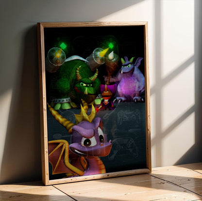 Spyro 2: Ripto's Rage! New Bosses Key Art poster in an oak frame leaning on a wooden floor