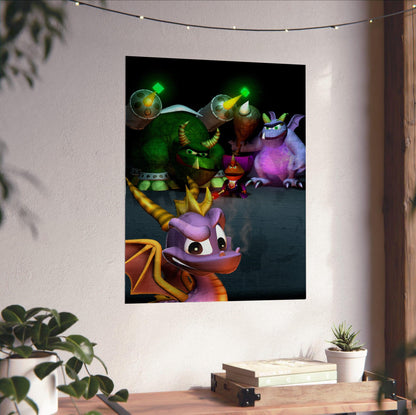 Spyro 2: Ripto's Rage! New Bosses Key Art poster unframed on a white wall above a desk