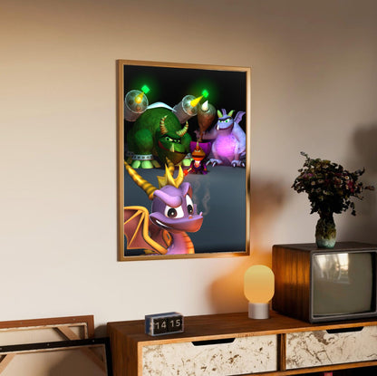 Spyro 2: Ripto's Rage! New Bosses Key Art poster in an oak frame above a sideboard