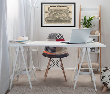 Square & Stationary Earth 1893 Map print framed above a white desk in a home office