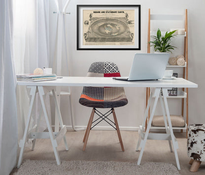 Square & Stationary Earth 1893 Map print framed above a white desk in a home office