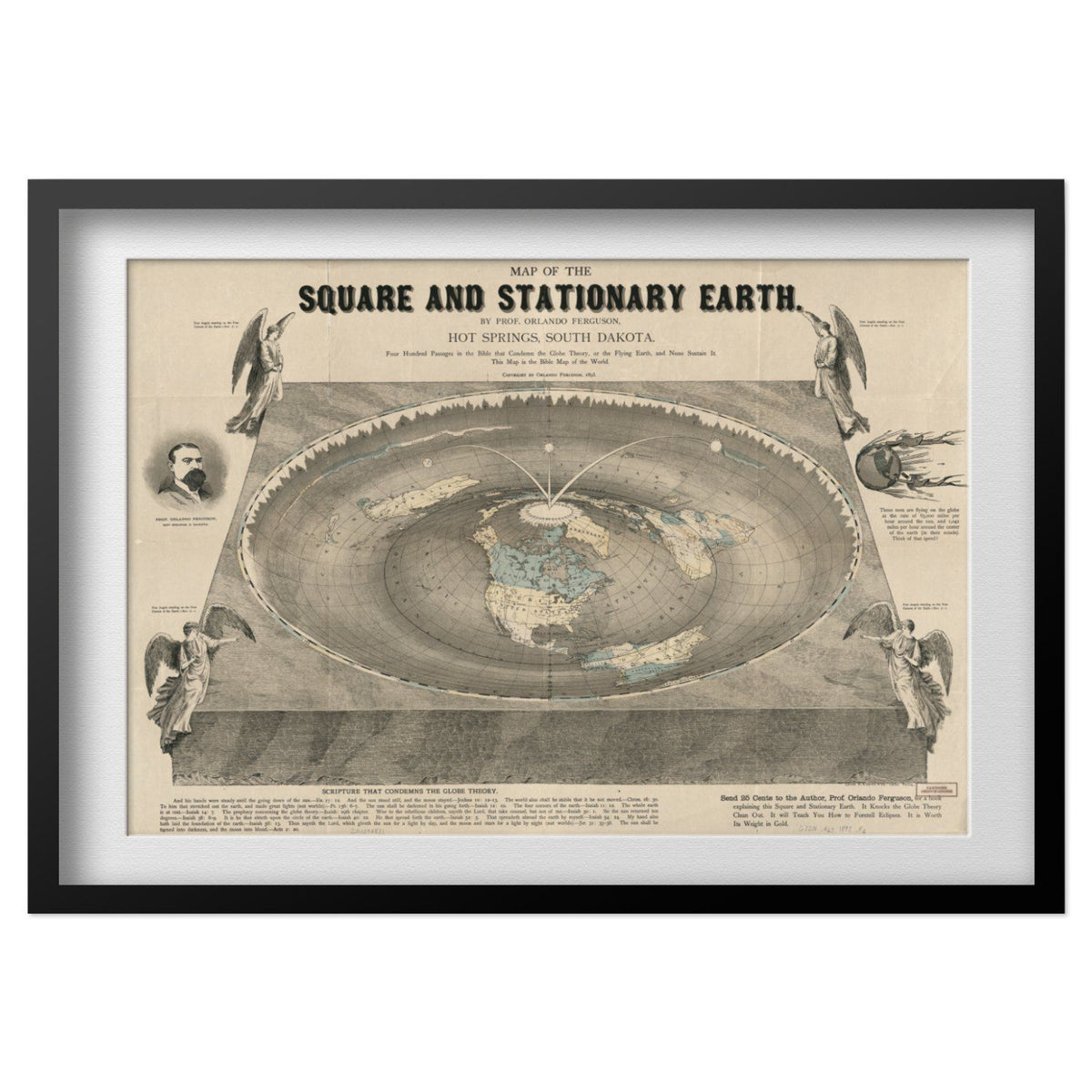 Square & Stationary Earth 1893 Map print in a black frame with a white mat