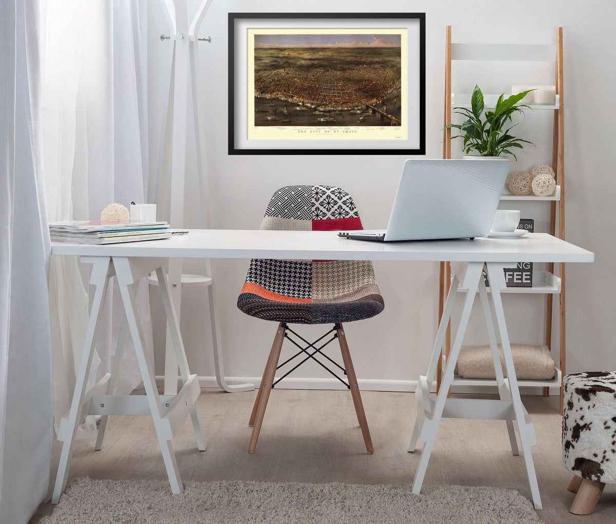St. Louis 1874 Panoramic Map framed above a white desk in a home office