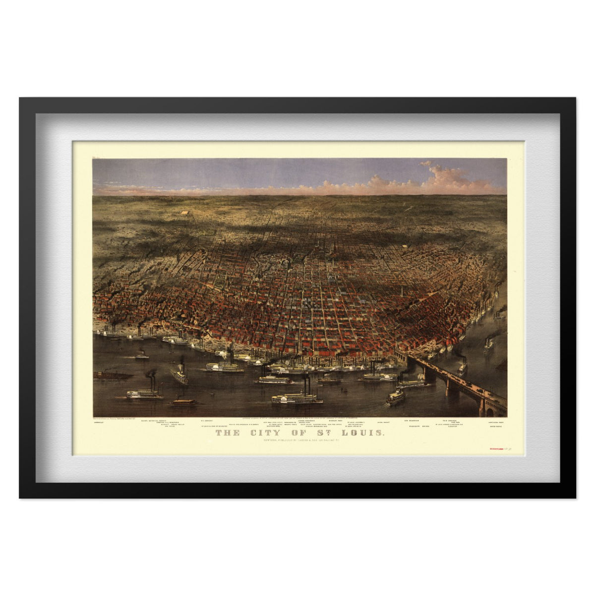 St. Louis 1874 Panoramic Map print in a black frame