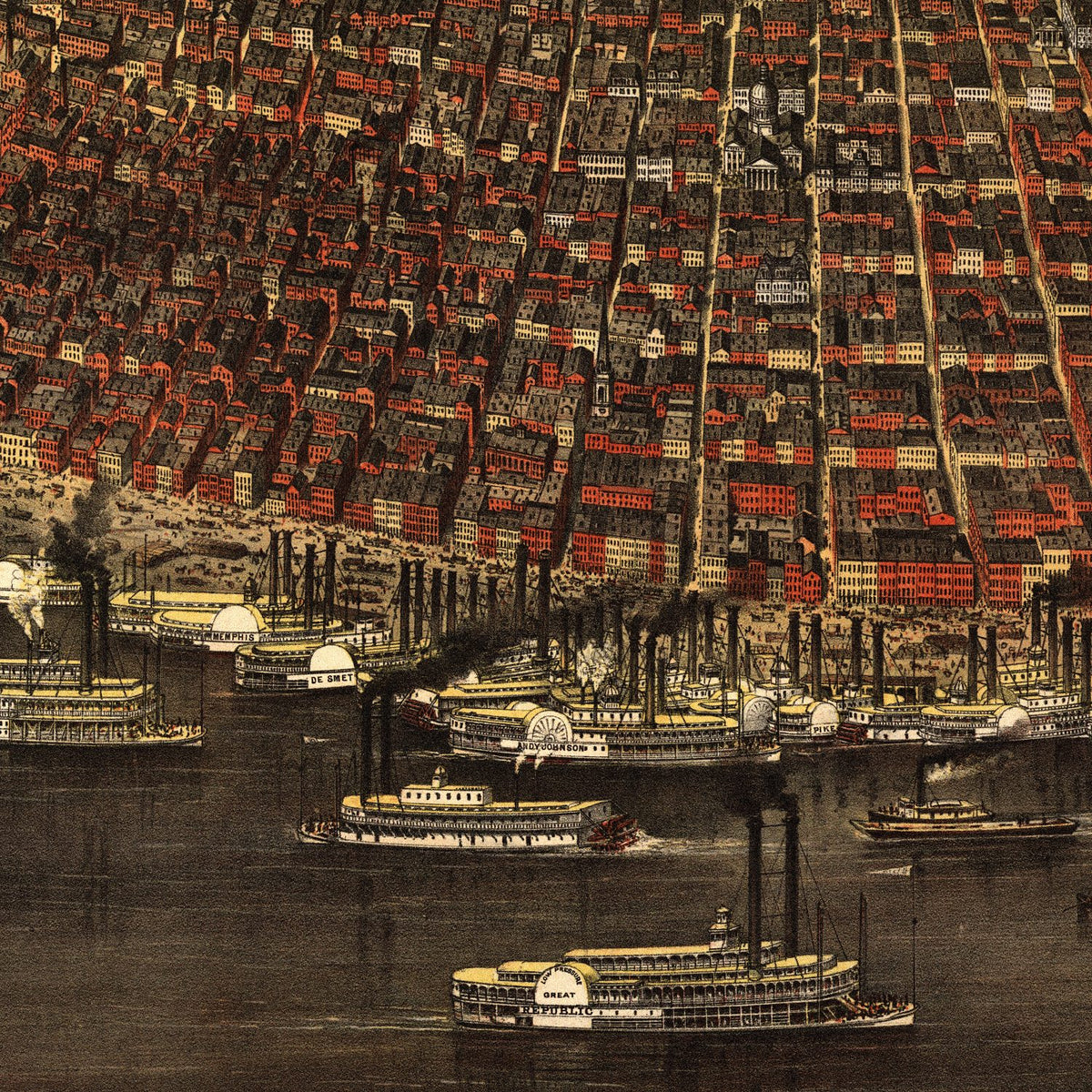 Close-up detail of the St. Louis 1874 Panoramic Map print
