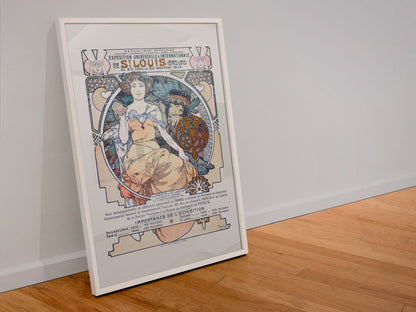 St Louis Worlds Fair Mucha poster in a white frame leaning against a wall