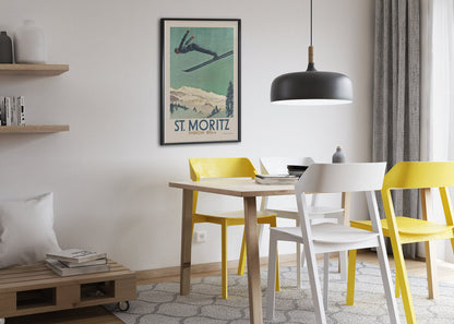 St. Moritz Engadin poster framed above a dining table