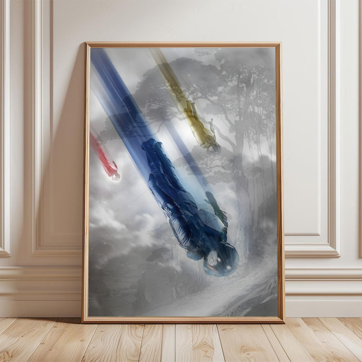 Star Trek (2009) Movie Key Art poster in a light oak frame leaning against a white wall