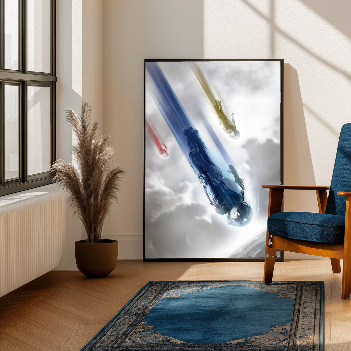 Star Trek (2009) Movie Key Art poster framed beside a blue armchair in a sunlit room