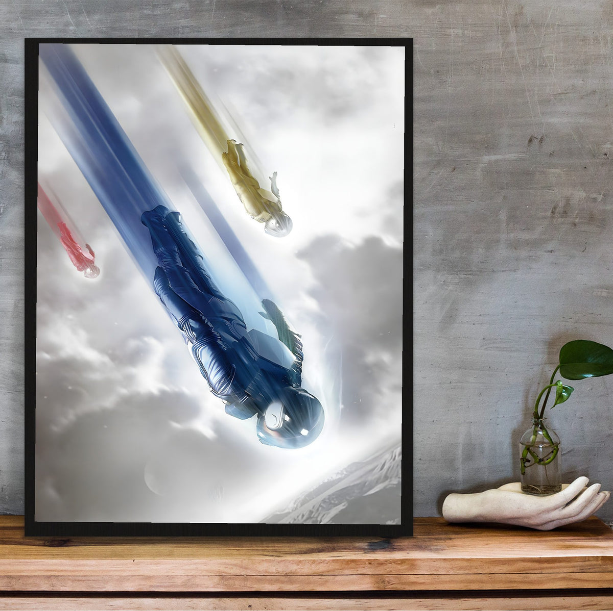 Star Trek (2009) Movie Key Art poster in a black frame on a wooden shelf against concrete
