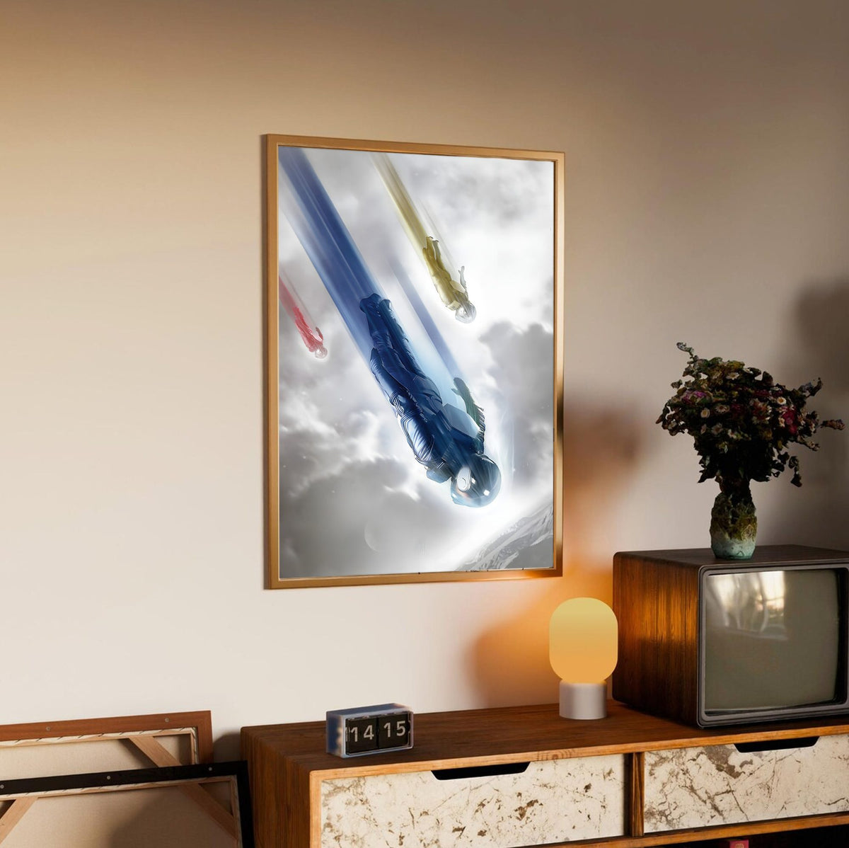Star Trek (2009) Movie Key Art poster in an oak frame above a sideboard