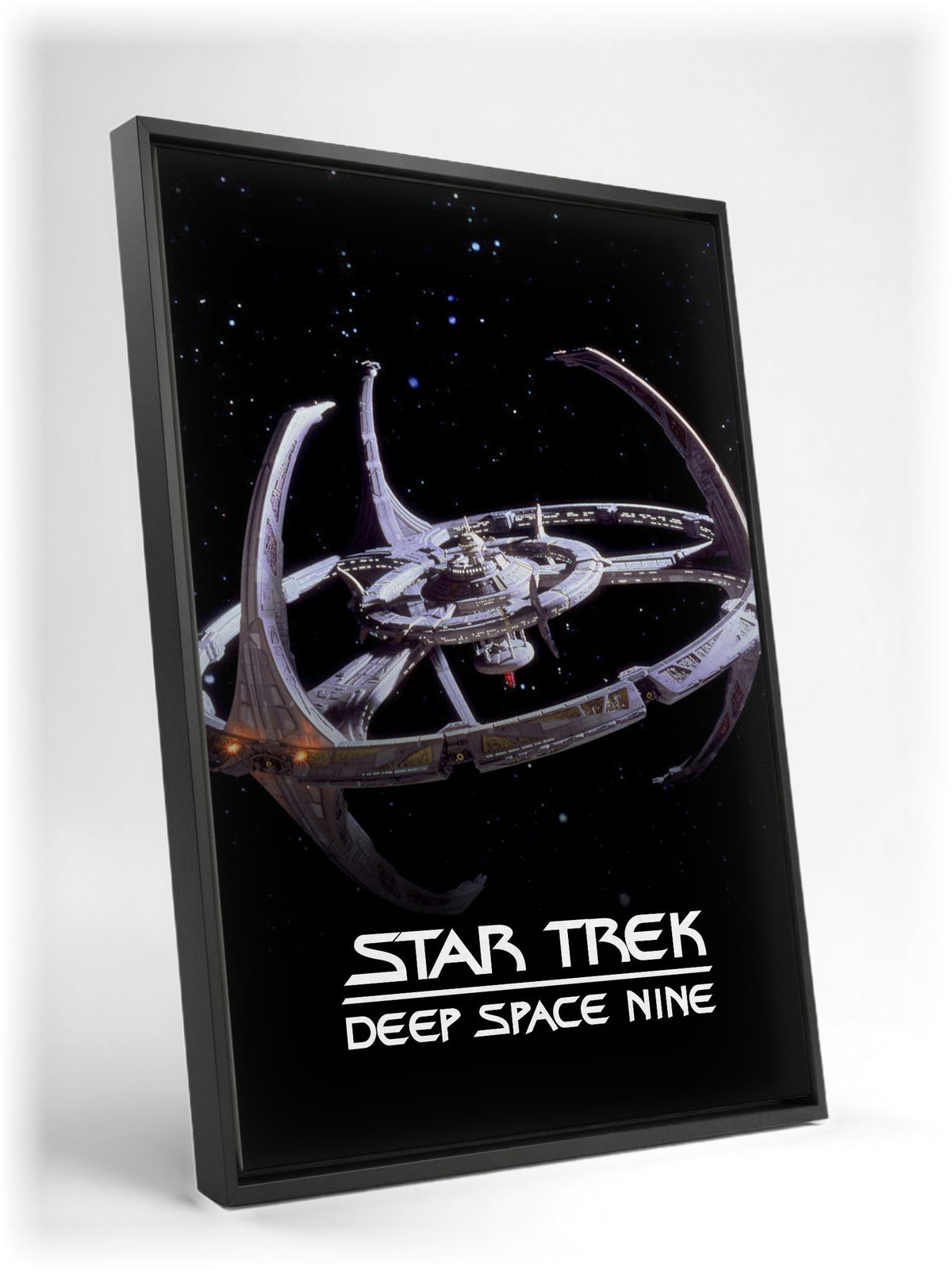 Star Trek: Deep Space Nine as a black floater framed canvas leaning against a wall