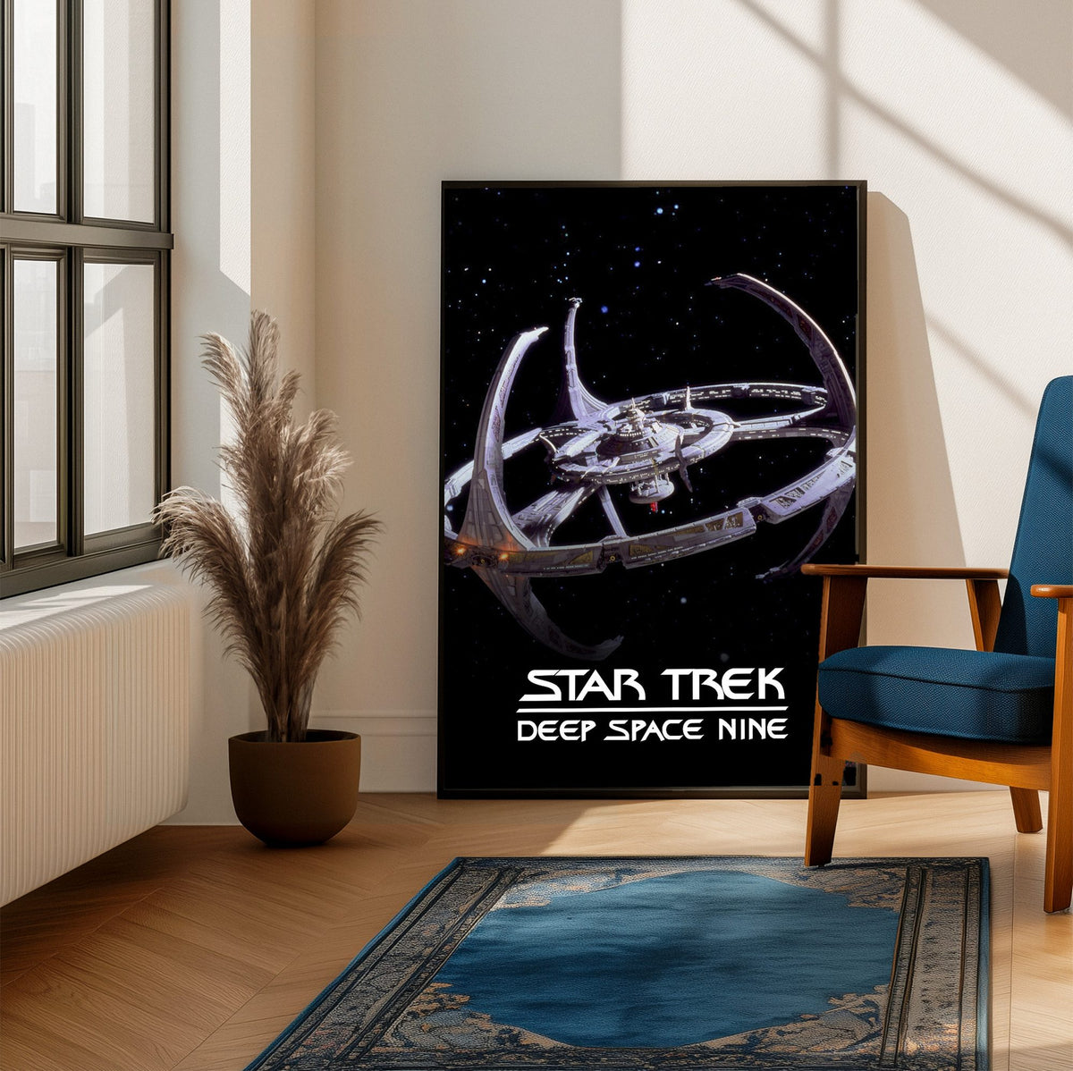 Star Trek: Deep Space Nine poster framed beside a blue armchair in a sunlit room