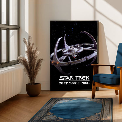 Star Trek: Deep Space Nine poster framed beside a blue armchair in a sunlit room