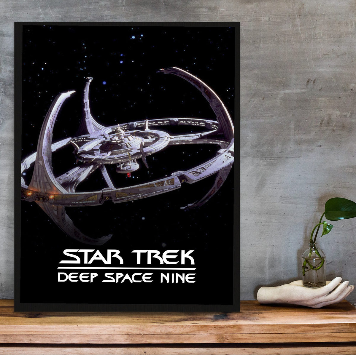 Star Trek: Deep Space Nine poster in a black frame on a wooden shelf against concrete