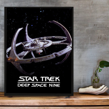 Star Trek: Deep Space Nine poster in a black frame on a wooden shelf against concrete