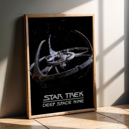 Star Trek: Deep Space Nine poster in an oak frame leaning on a wooden floor