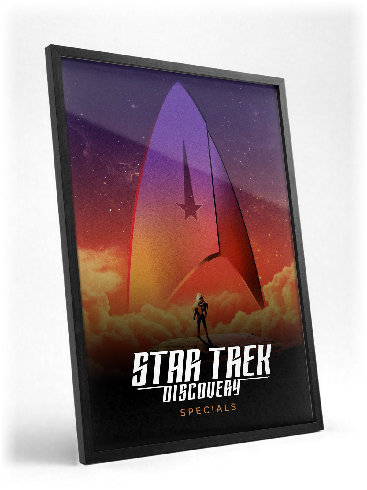 Star Trek: Discovery poster in a black frame with glass leaning against a wall