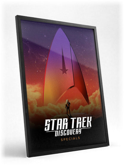Star Trek: Discovery poster in a black frame with glass leaning against a wall