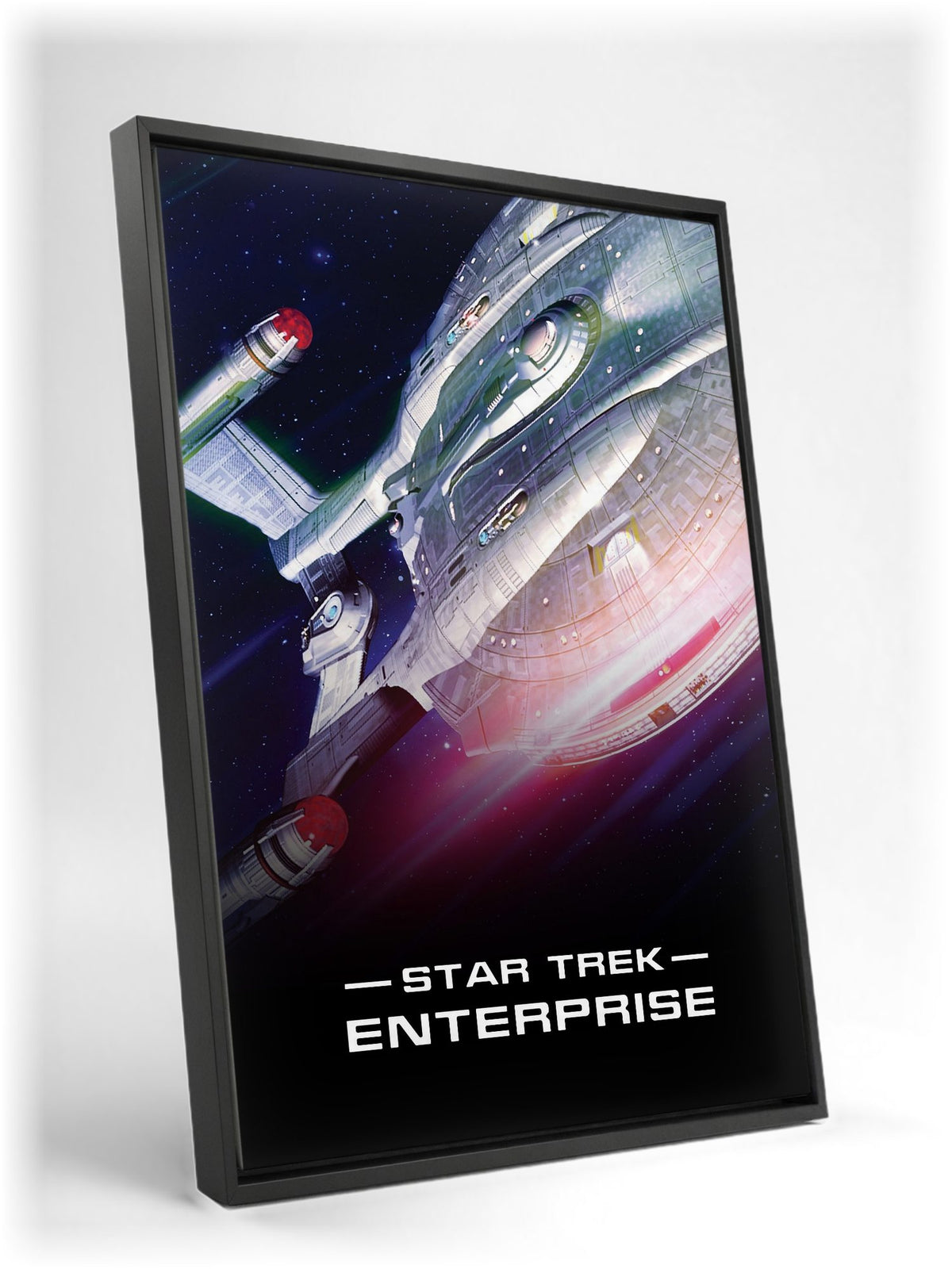 Star Trek: Enterprise as a black floater framed canvas leaning against a wall