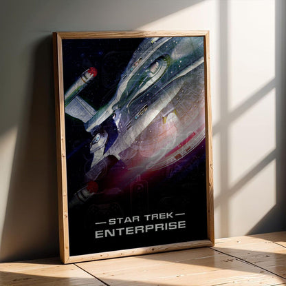 Star Trek: Enterprise poster in an oak frame leaning on a wooden floor