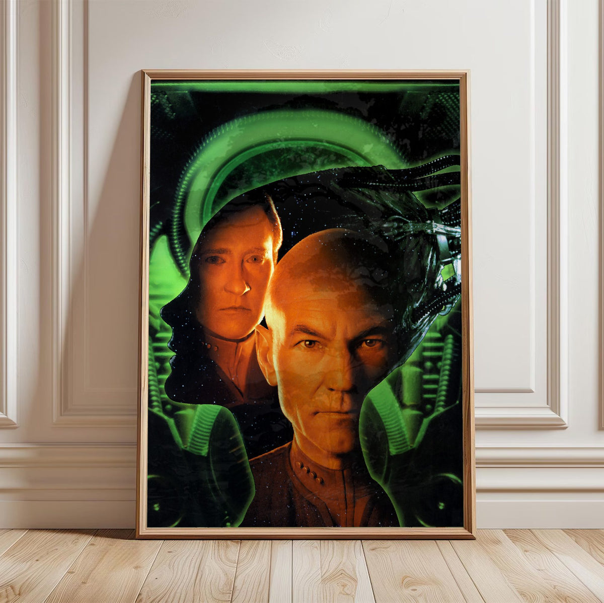 Star Trek: First Contact (1996) Movie Key Art poster in a light oak frame leaning against a white wall