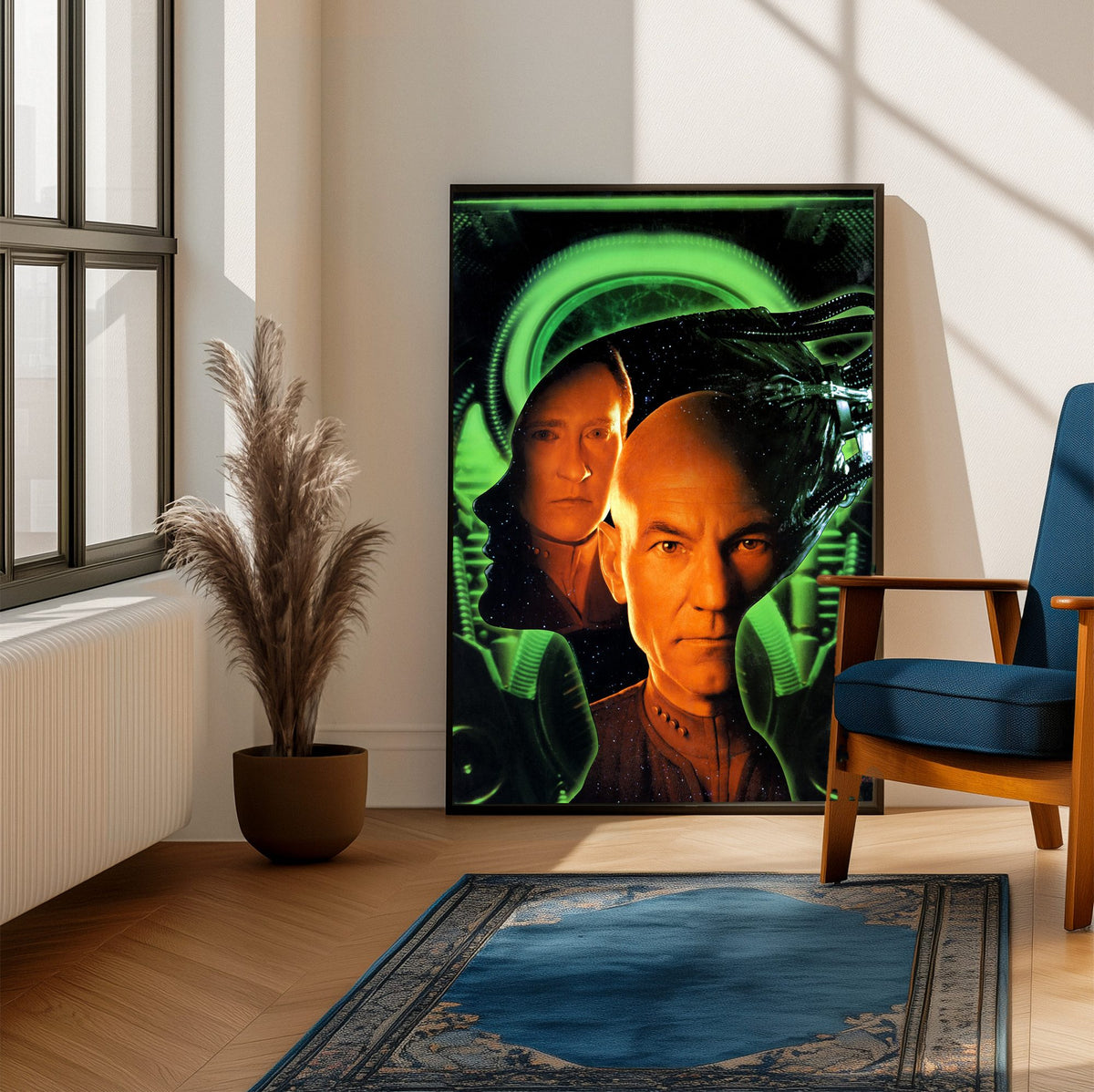 Star Trek: First Contact (1996) Movie Key Art poster framed beside a blue armchair in a sunlit room
