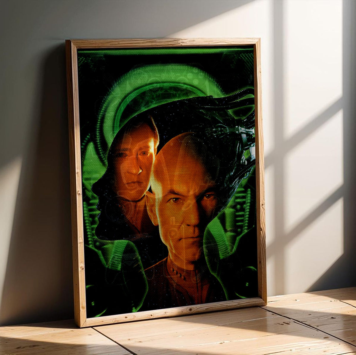 Star Trek: First Contact (1996) Movie Key Art poster in an oak frame leaning on a wooden floor