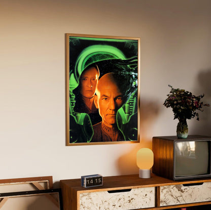 Star Trek: First Contact (1996) Movie Key Art poster in an oak frame above a sideboard