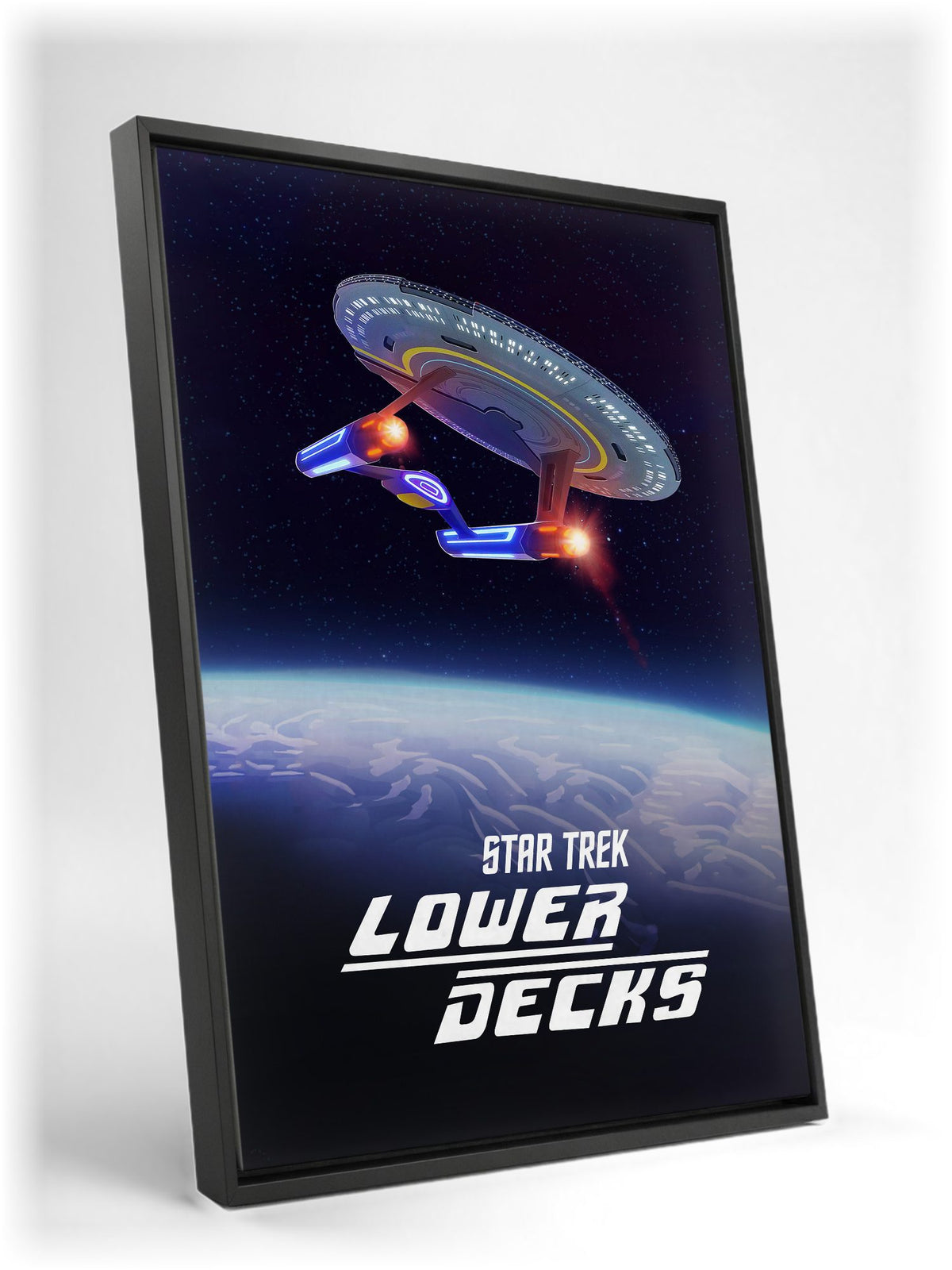 Star Trek: Lower Decks as a black floater framed canvas leaning against a wall