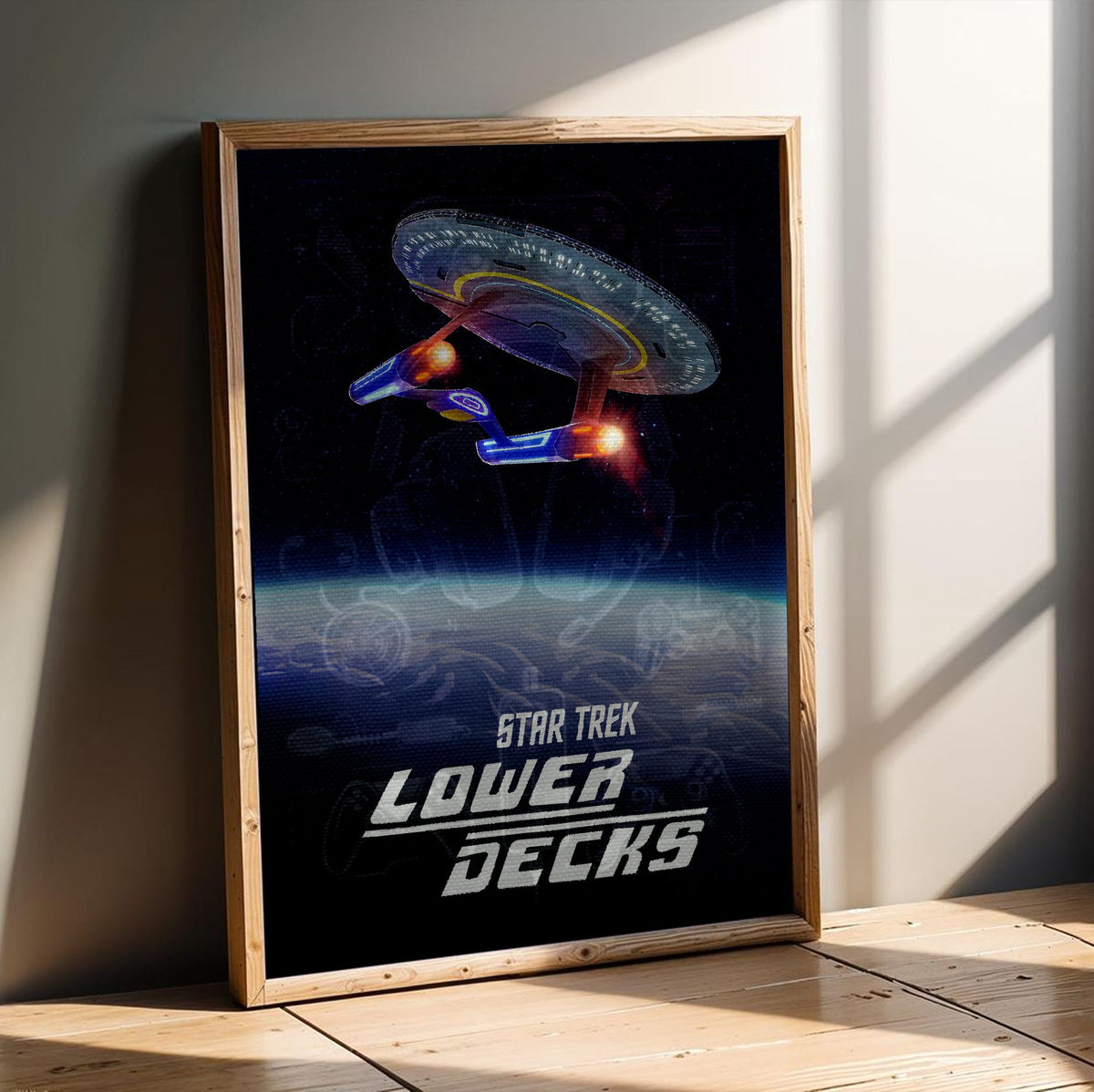 Star Trek: Lower Decks poster in an oak frame leaning on a wooden floor