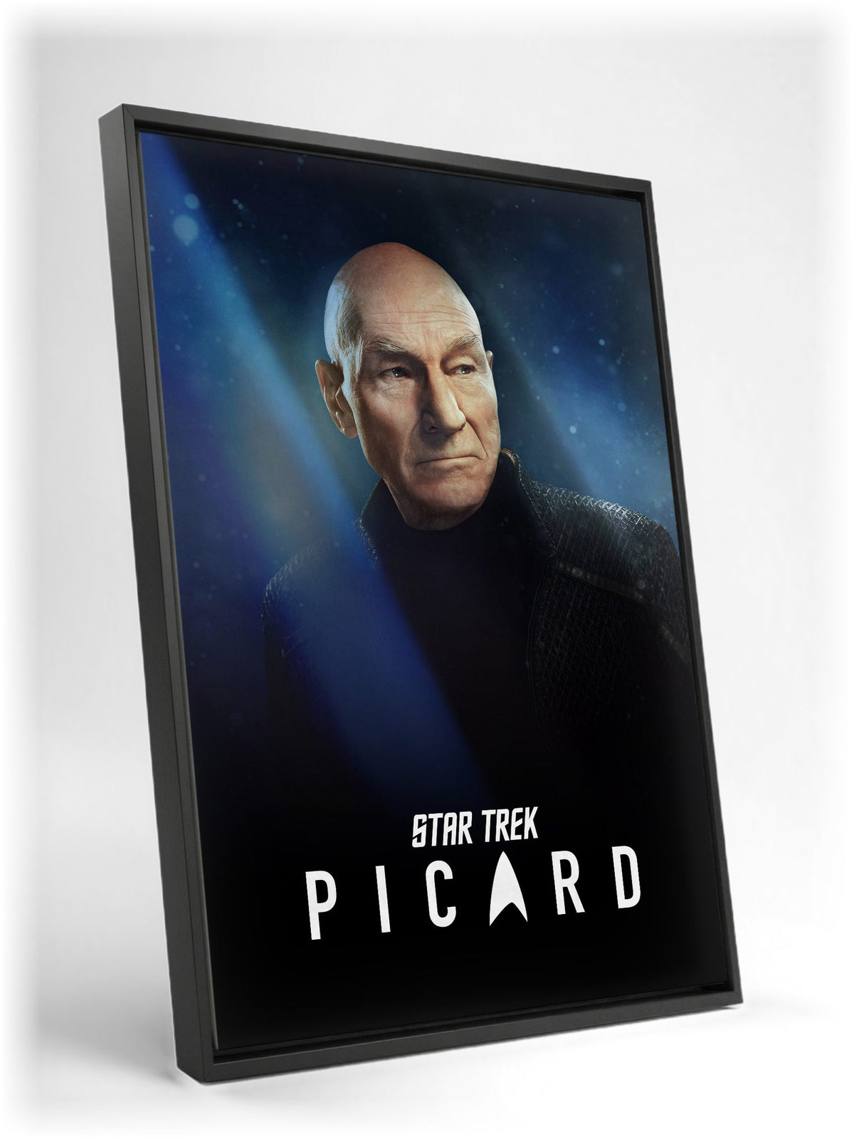 Star Trek: Picard as a black floater framed canvas leaning against a wall
