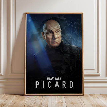 Star Trek: Picard poster in a light oak frame leaning against a white wall
