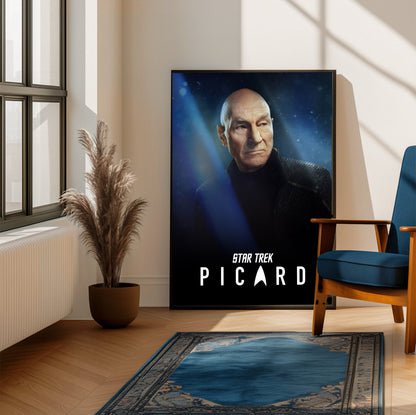 Star Trek: Picard poster framed beside a blue armchair in a sunlit room
