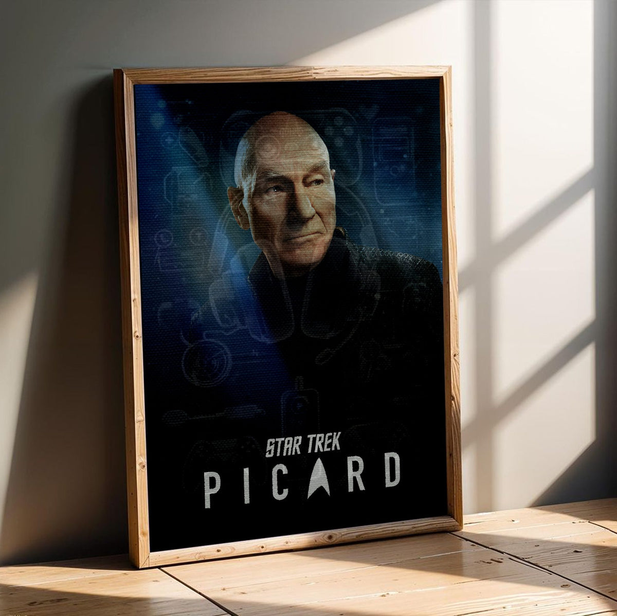 Star Trek: Picard poster in an oak frame leaning on a wooden floor