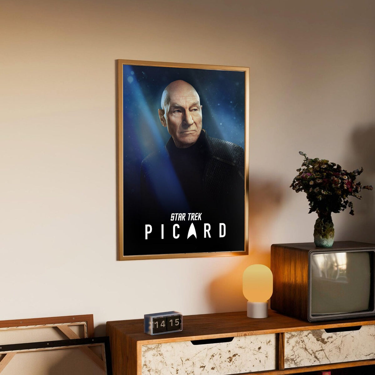 Star Trek: Picard poster in an oak frame above a sideboard