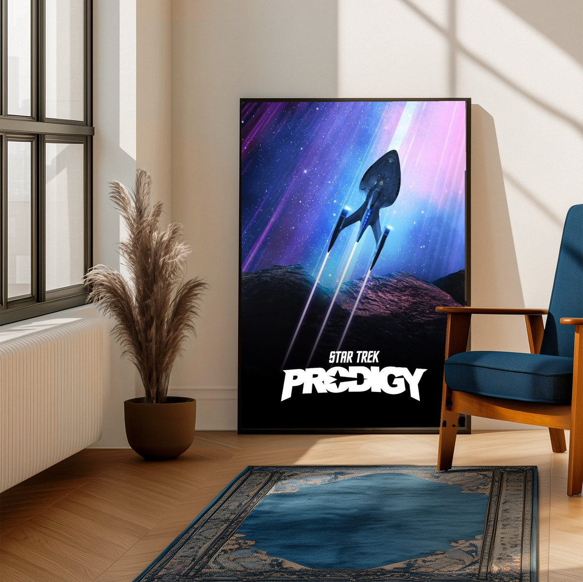 Star Trek: Prodigy poster framed beside a blue armchair in a sunlit room