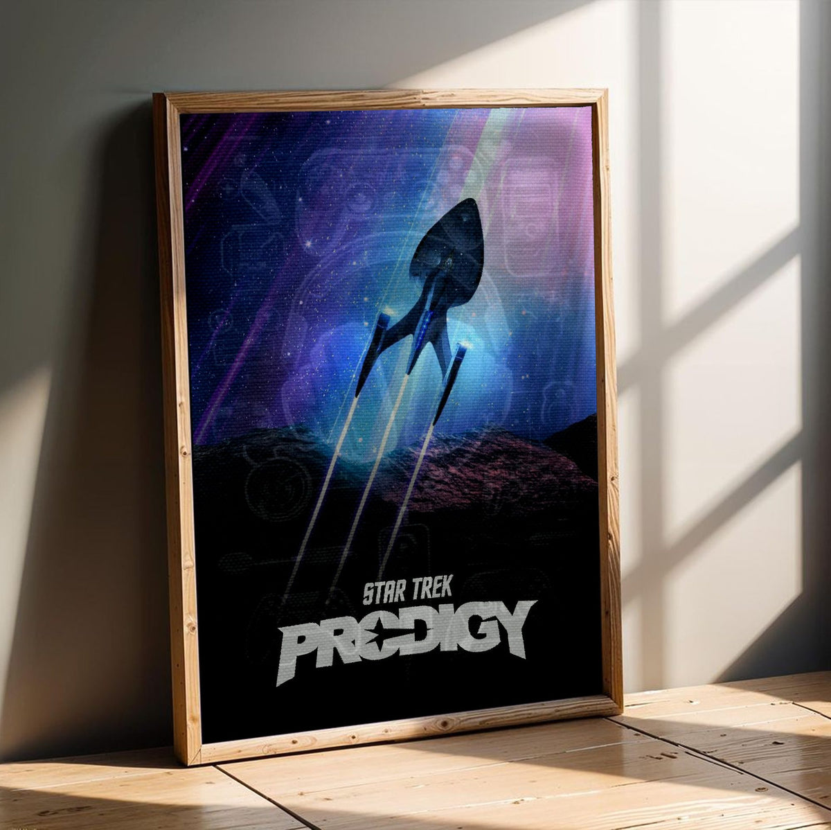 Star Trek: Prodigy poster in an oak frame leaning on a wooden floor