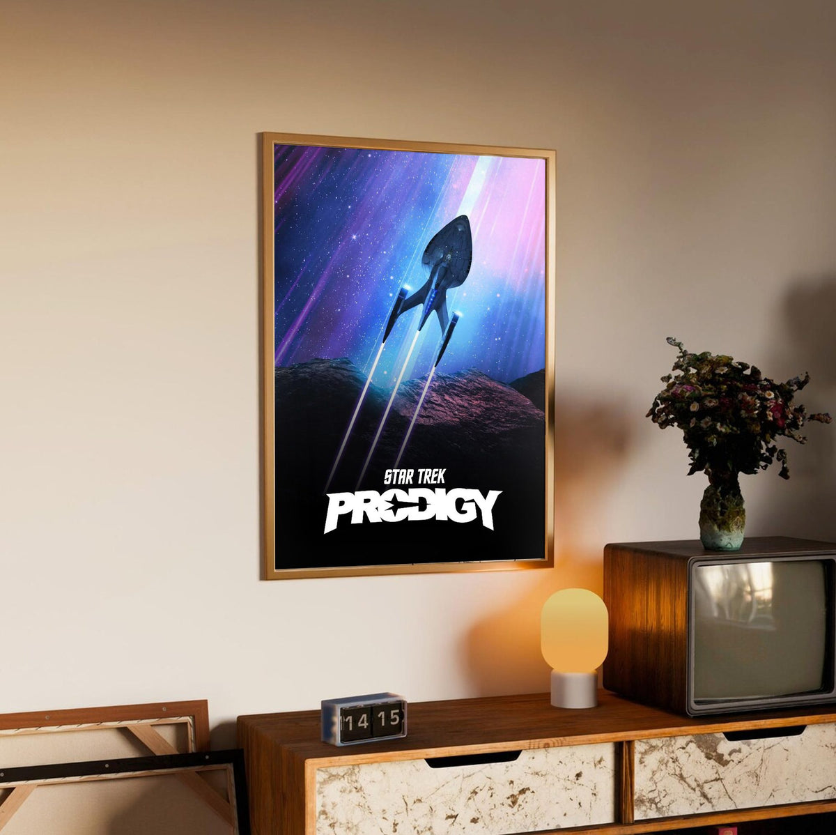 Star Trek: Prodigy poster in an oak frame above a sideboard