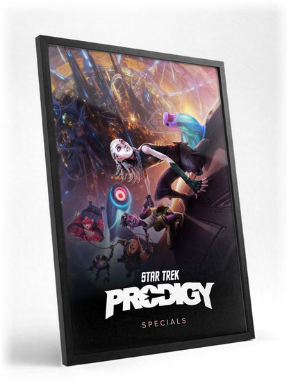 Star Trek: Prodigy poster in a black frame with glass leaning against a wall